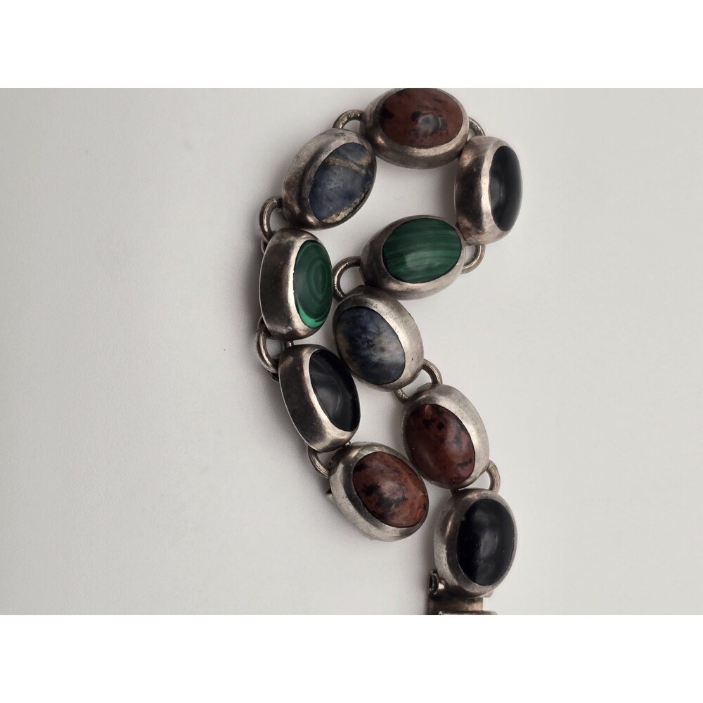 Vintage Mexican Sterling Silver Bracelet 925 AMC – 40g – Mixed Cabochon...